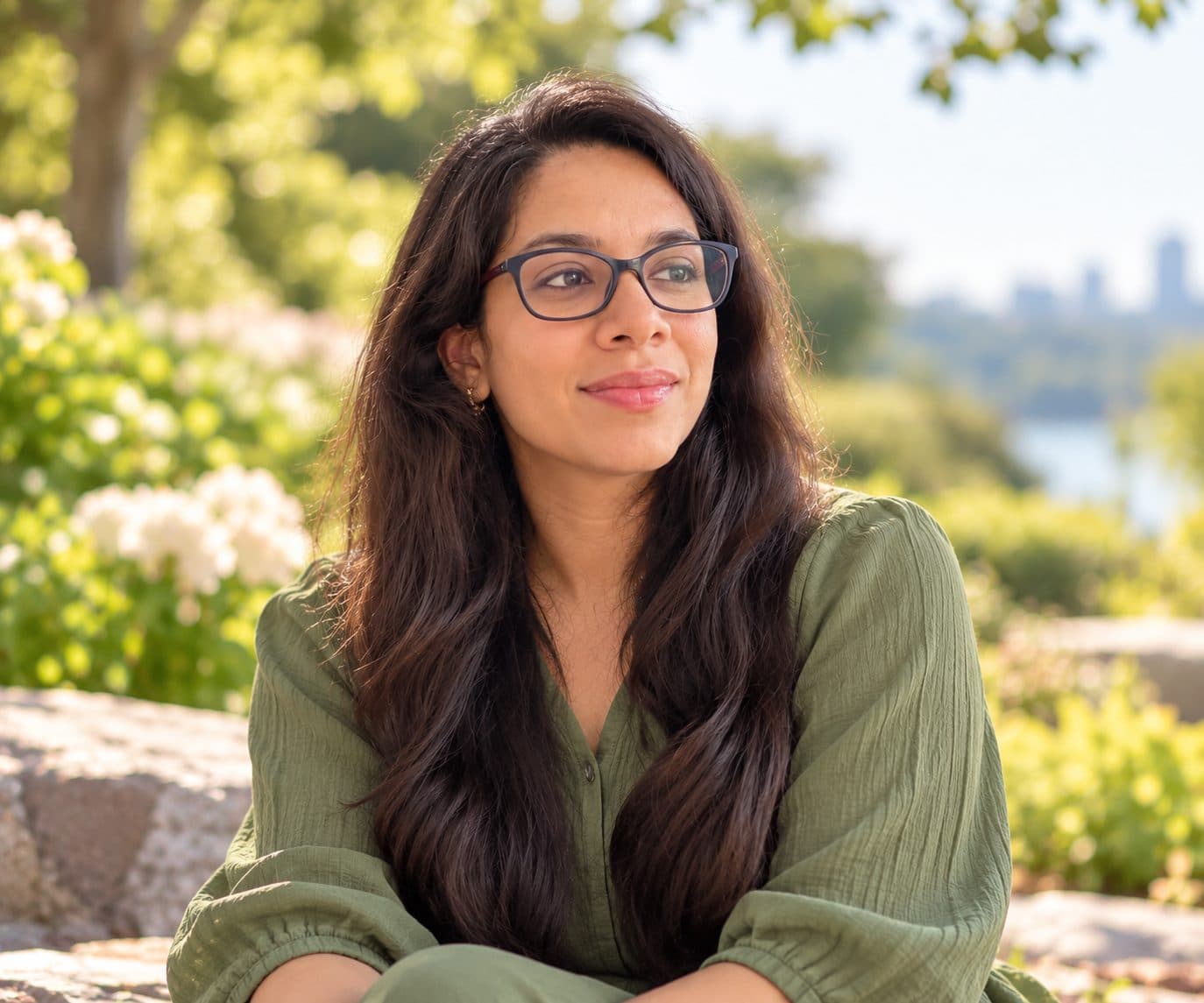Anjana Iyer outdoors in a sunlit garden, wearing glasses and a green blouse.