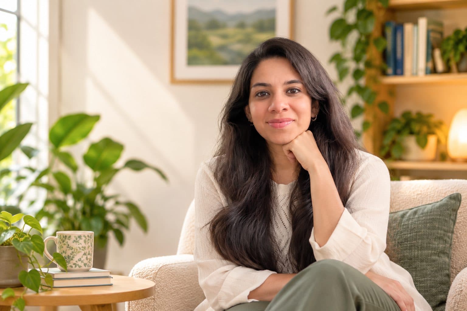 Anjana Iyer seated in a linen armchair, chin resting on her hand, surrounded by plants and books.