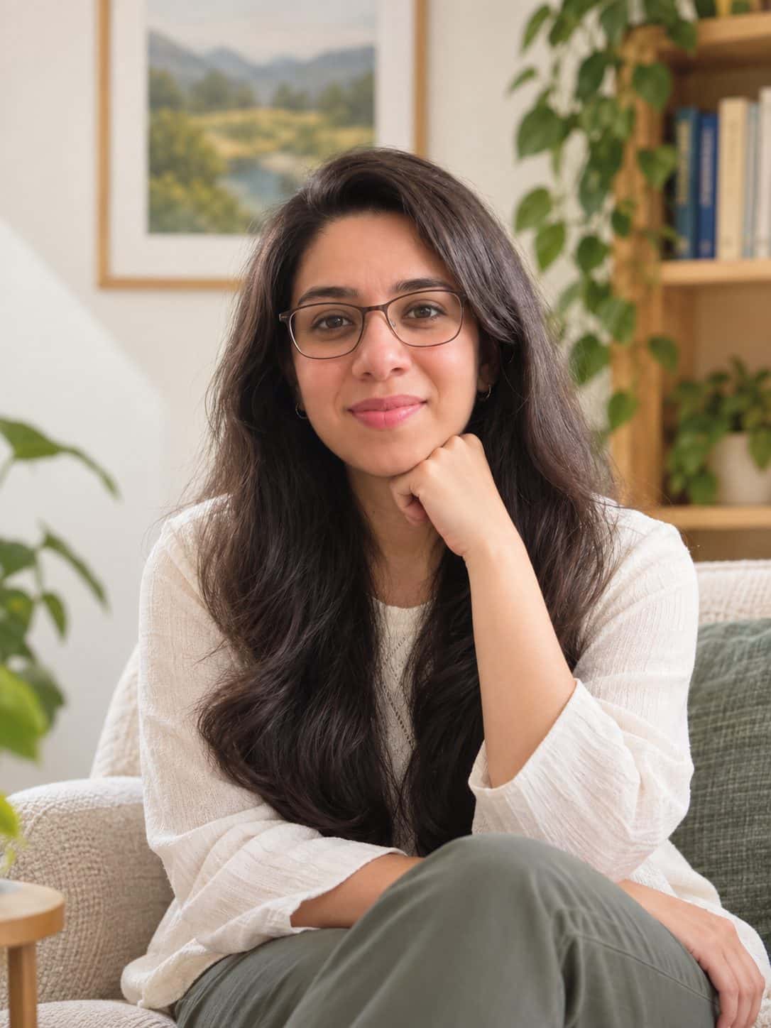 Anjana Iyer in glasses and a cream knit, seated in her bright therapy room.