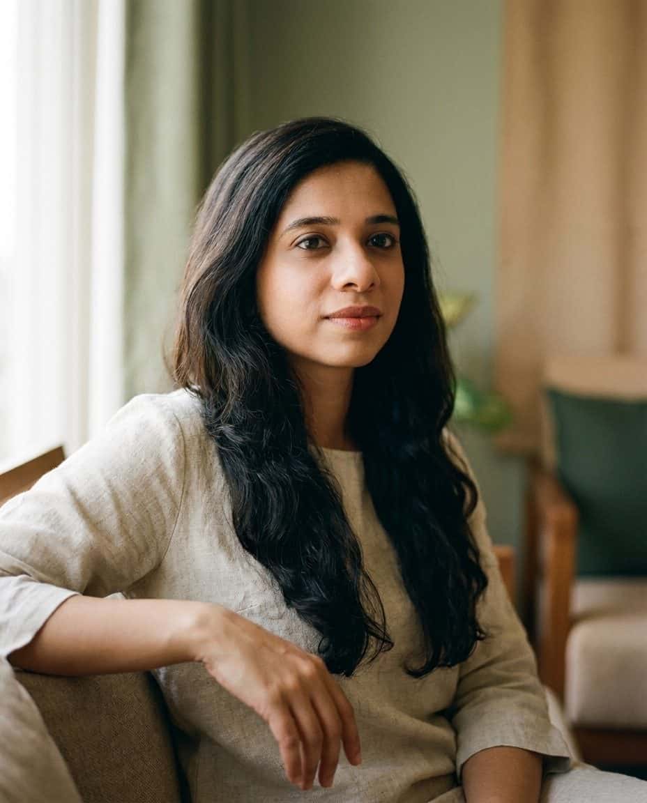Anjana Iyer, Registered Psychotherapist, listening attentively in her therapy room.