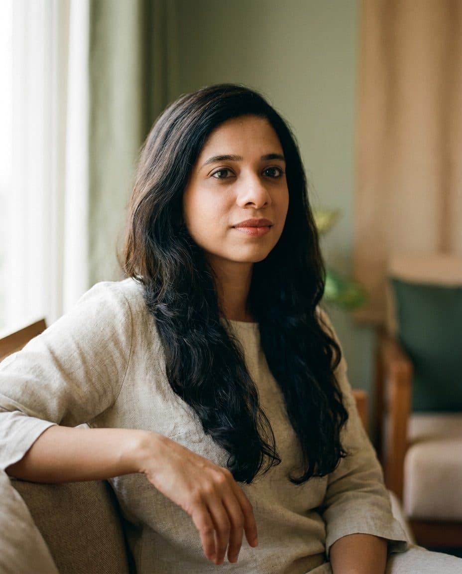 Anjana Iyer, Registered Psychotherapist, seated by a window in a linen top.