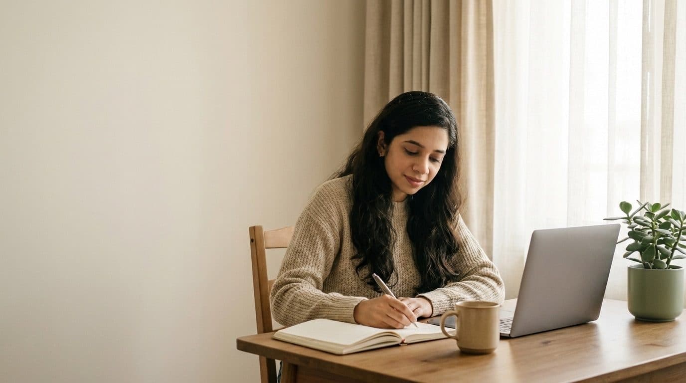 Anjana Iyer writing up her notes at a desk beside a closed laptop.