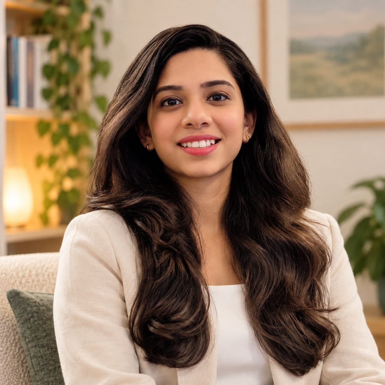 Anjana Iyer, Registered Psychotherapist, smiling in a cream blazer in her office.