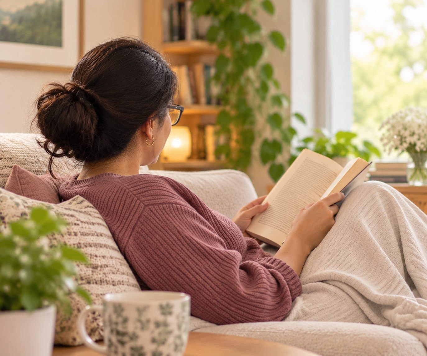 Anjana Iyer curled up on a sofa by the window with a book and a cup of tea.