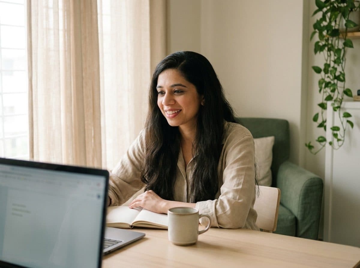 Anjana Iyer smiling at her laptop during an online session, a notebook and mug beside her.