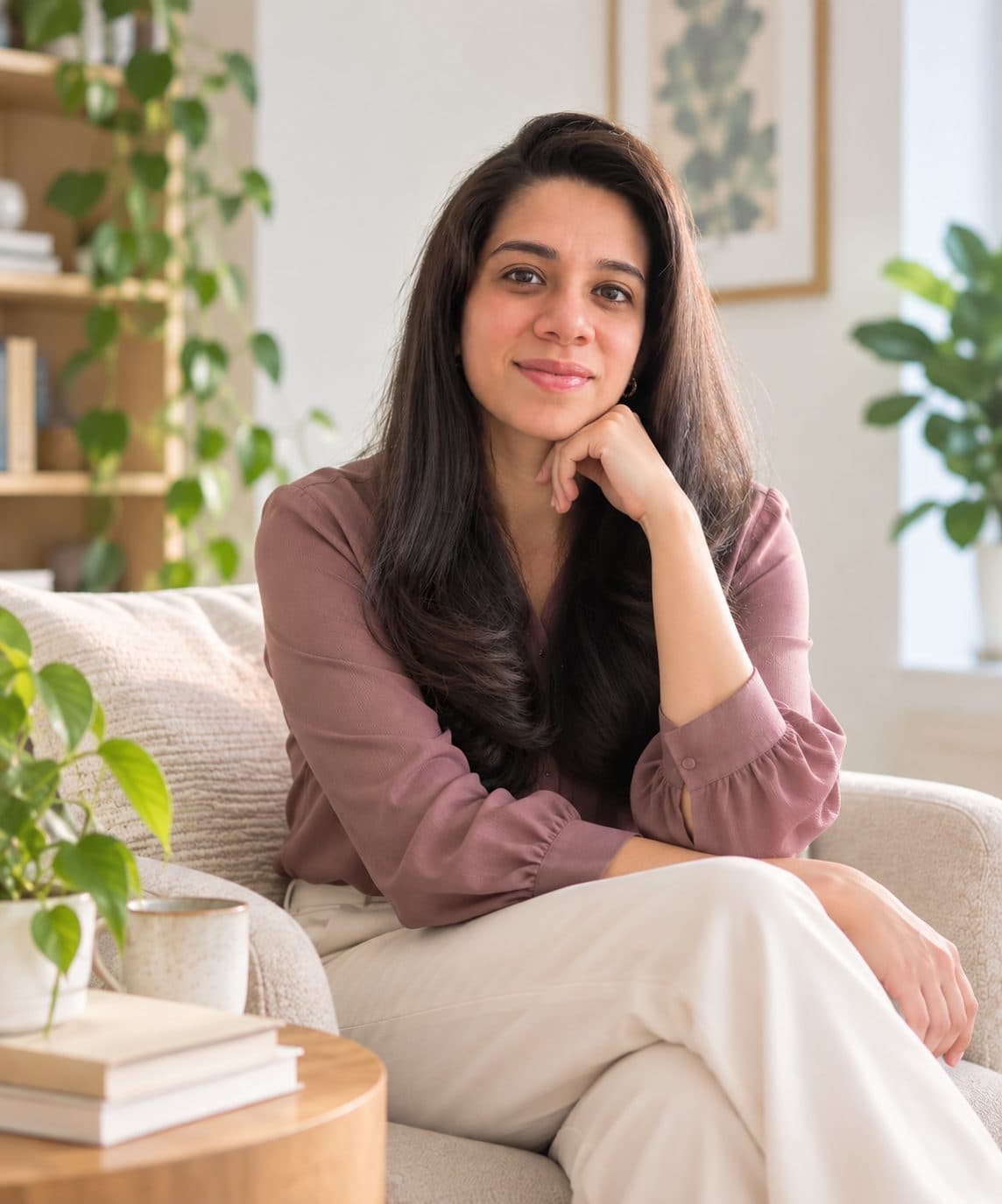 Anjana Iyer seated on a linen sofa in a rose blouse, chin resting on her hand.