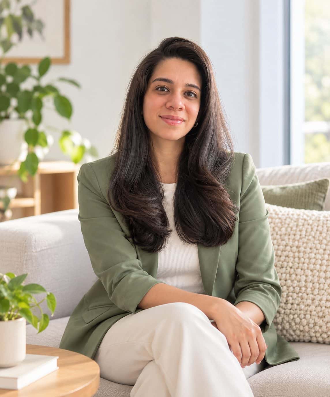 Anjana Iyer seated on a linen sofa in a sage blazer, smiling, in a bright room with plants.