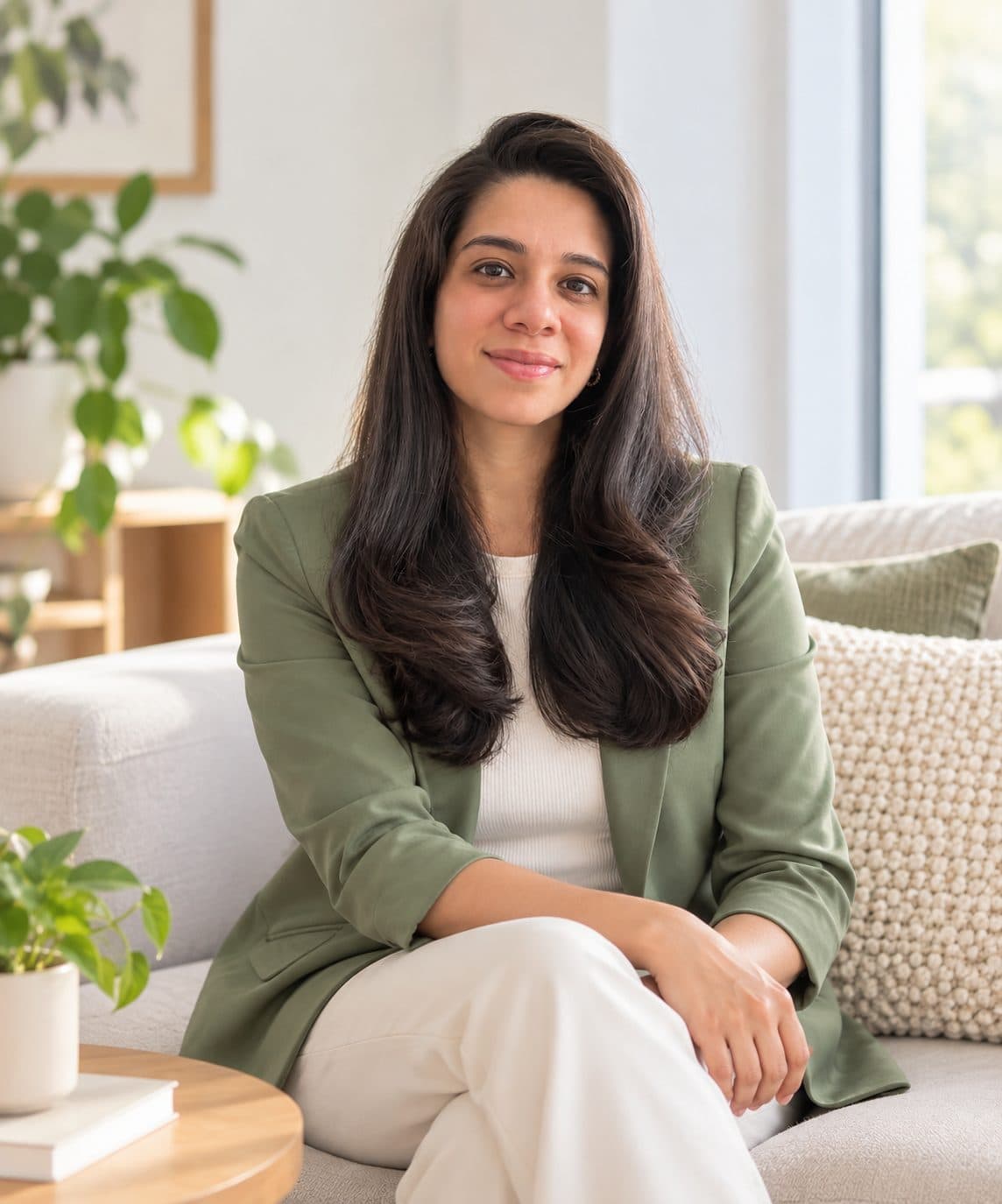 Anjana Iyer seated on a linen sofa in a sage blazer, hands resting in her lap.