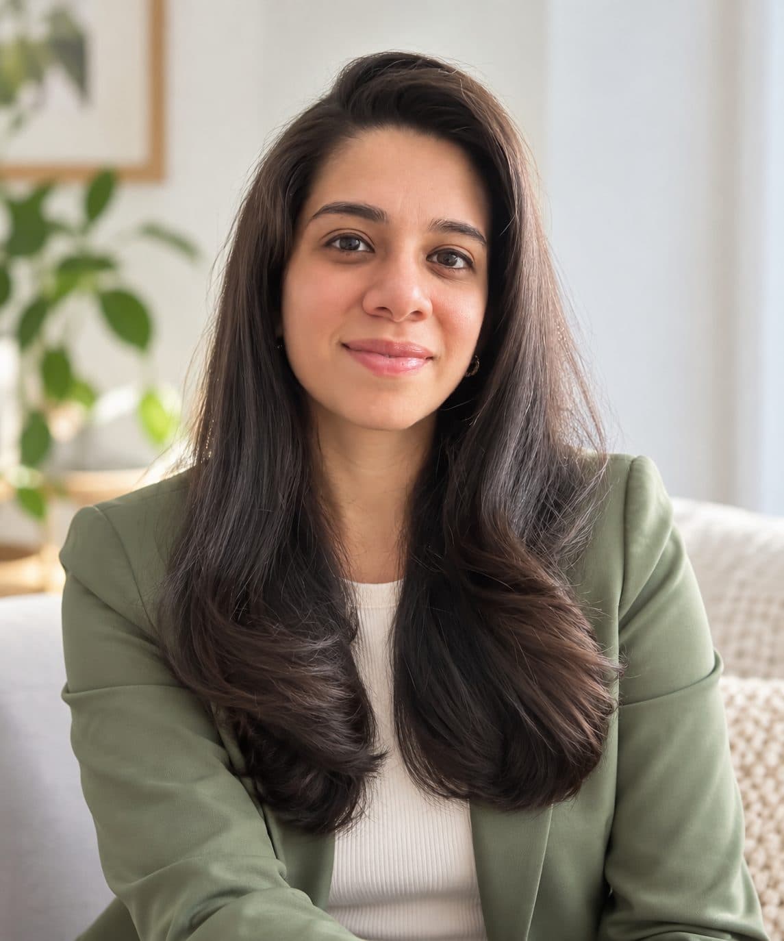 Anjana Iyer, smiling, in a sage blazer in her therapy room.