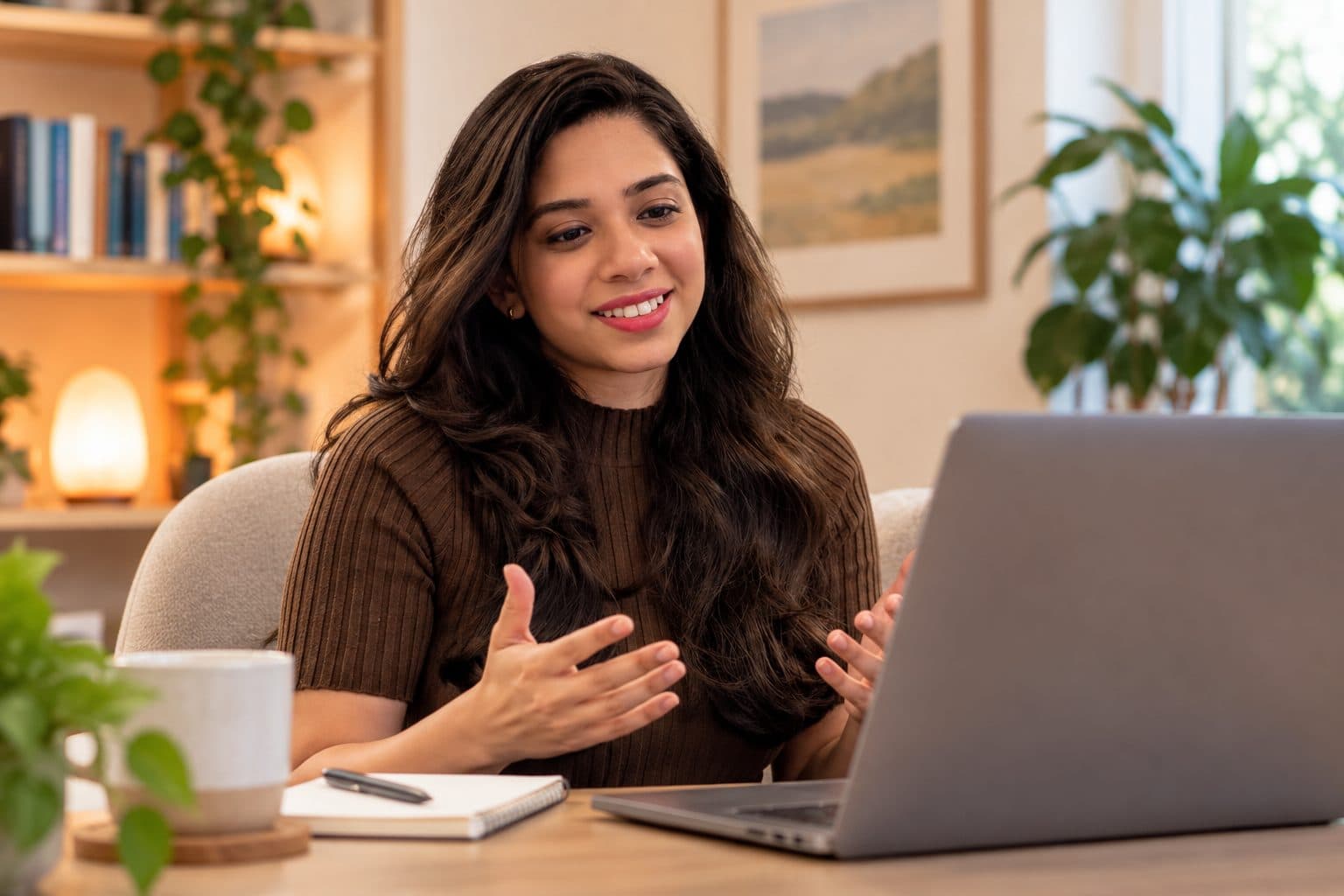 Anjana Iyer at her laptop in a session over secure video.