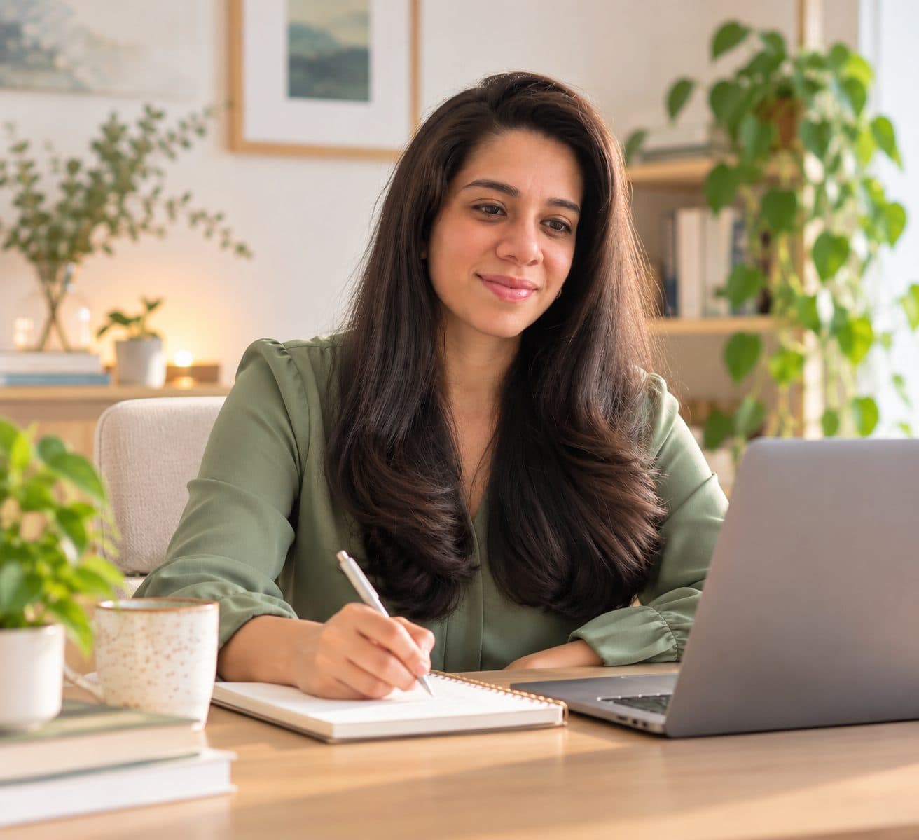 Anjana Iyer writing at her desk in a sunlit room.