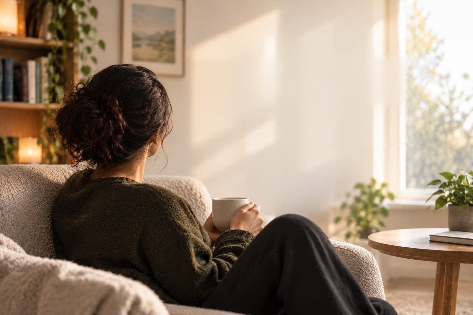 A woman seen from behind, resting in an armchair with a mug, looking toward a sunlit window.