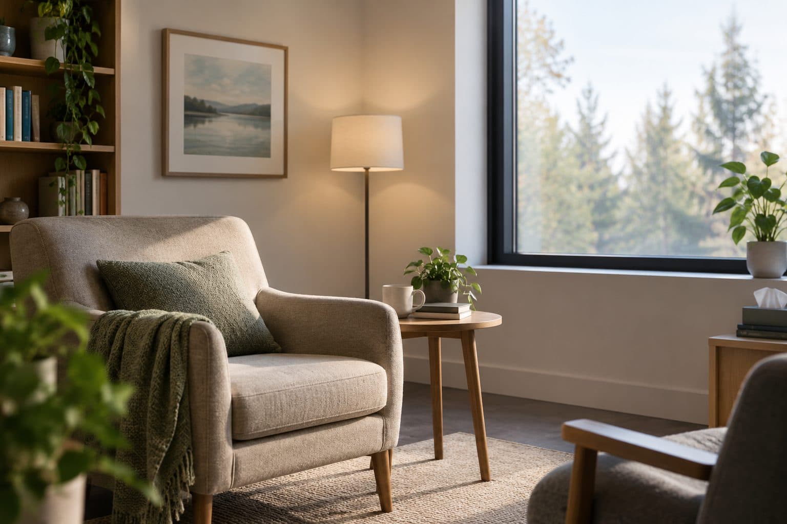 Anjana's therapy room: a soft armchair with a green throw, a reading lamp and a tall window onto pine trees.